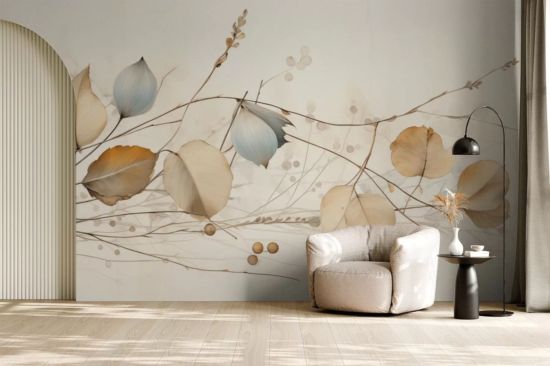 Fotobehang Delicate takken met bladeren in beige tinten w04579