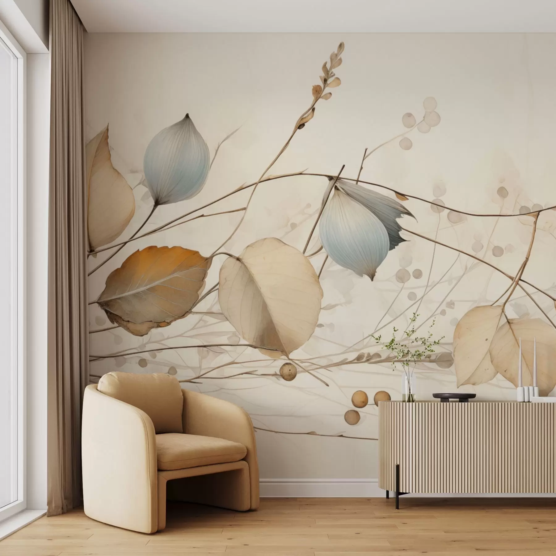 Fotobehang Delicate takken met bladeren in beige tinten w04579