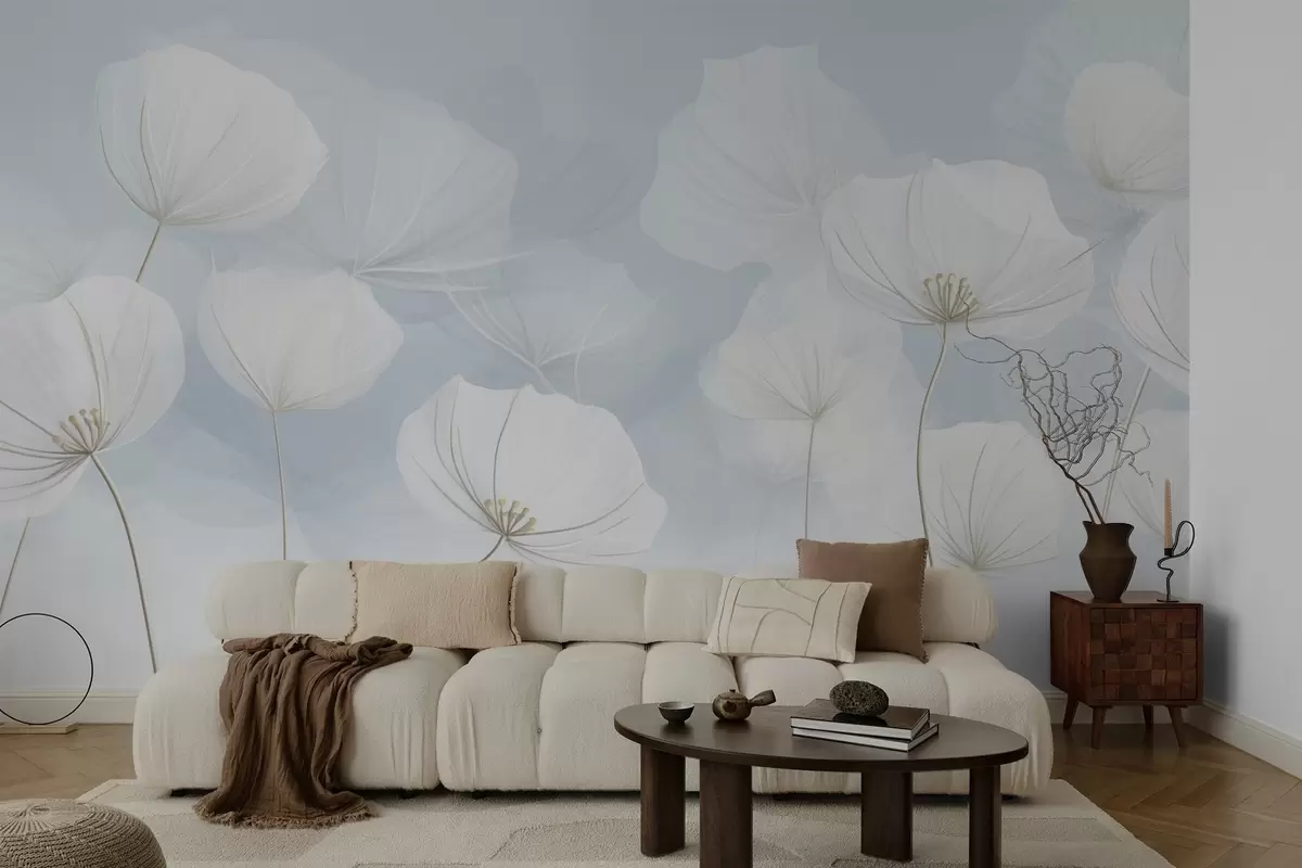 Fotobehang Luchtige witte bloemen op een blauwe achtergrond w04580
