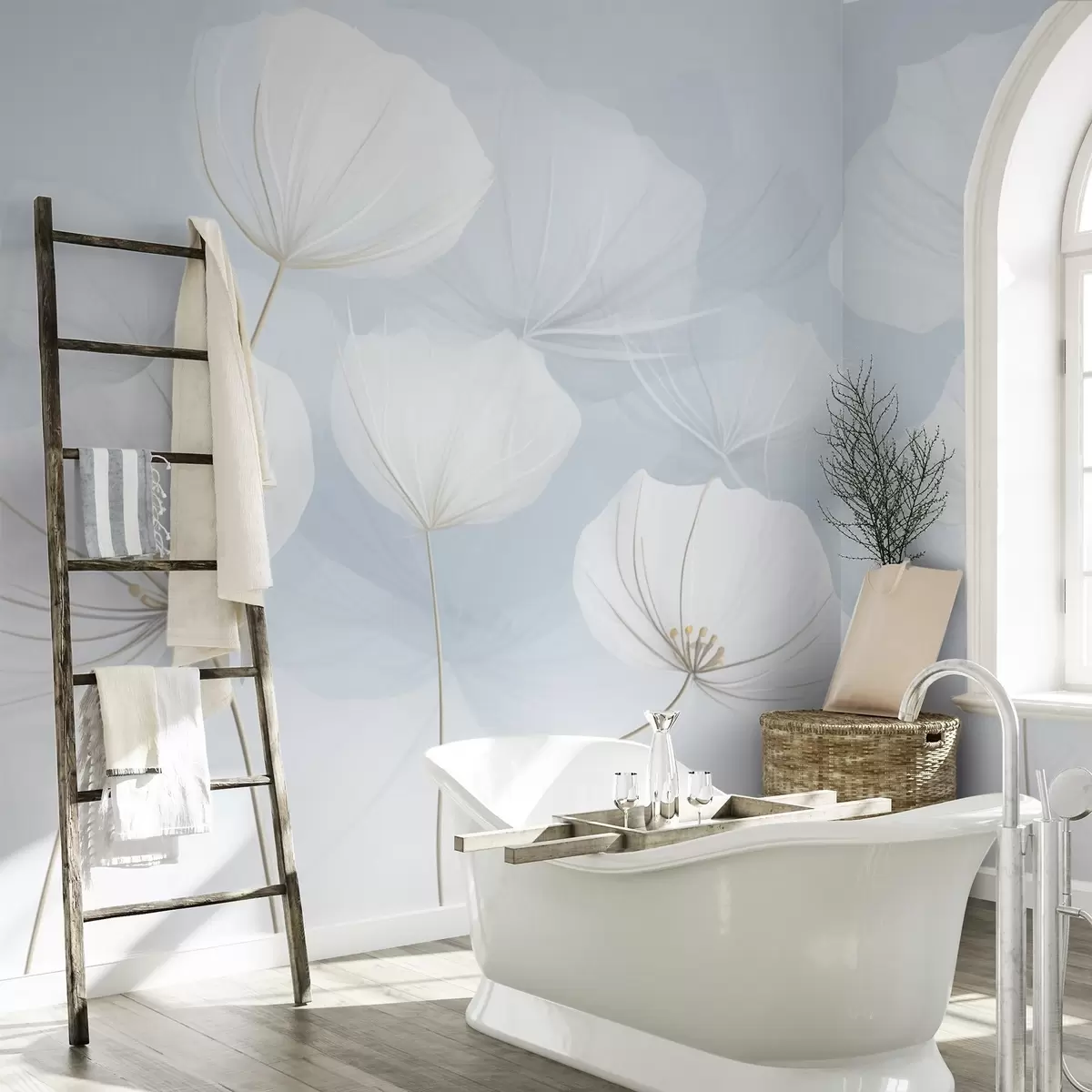 Fotobehang Luchtige witte bloemen op een blauwe achtergrond w04580