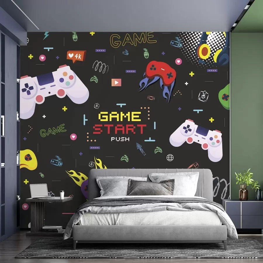Fotobehang Opvallend gamerpatroon met consoles en gepixelde tekst w04581