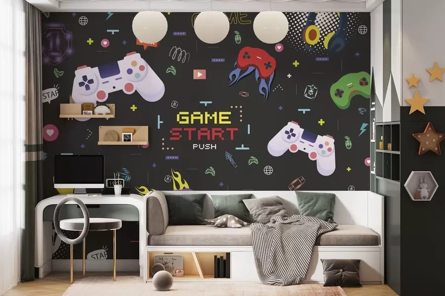 Fotobehang Opvallend gamerpatroon met consoles en gepixelde tekst w04581