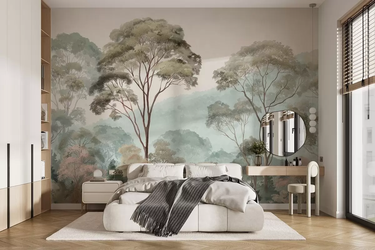 Fotobehang Mistige ochtend in het bos in aquarelstijl w09405