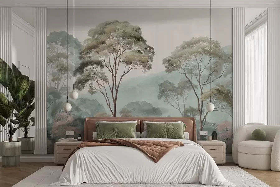Fotobehang Mistige ochtend in het bos in aquarelstijl w09405