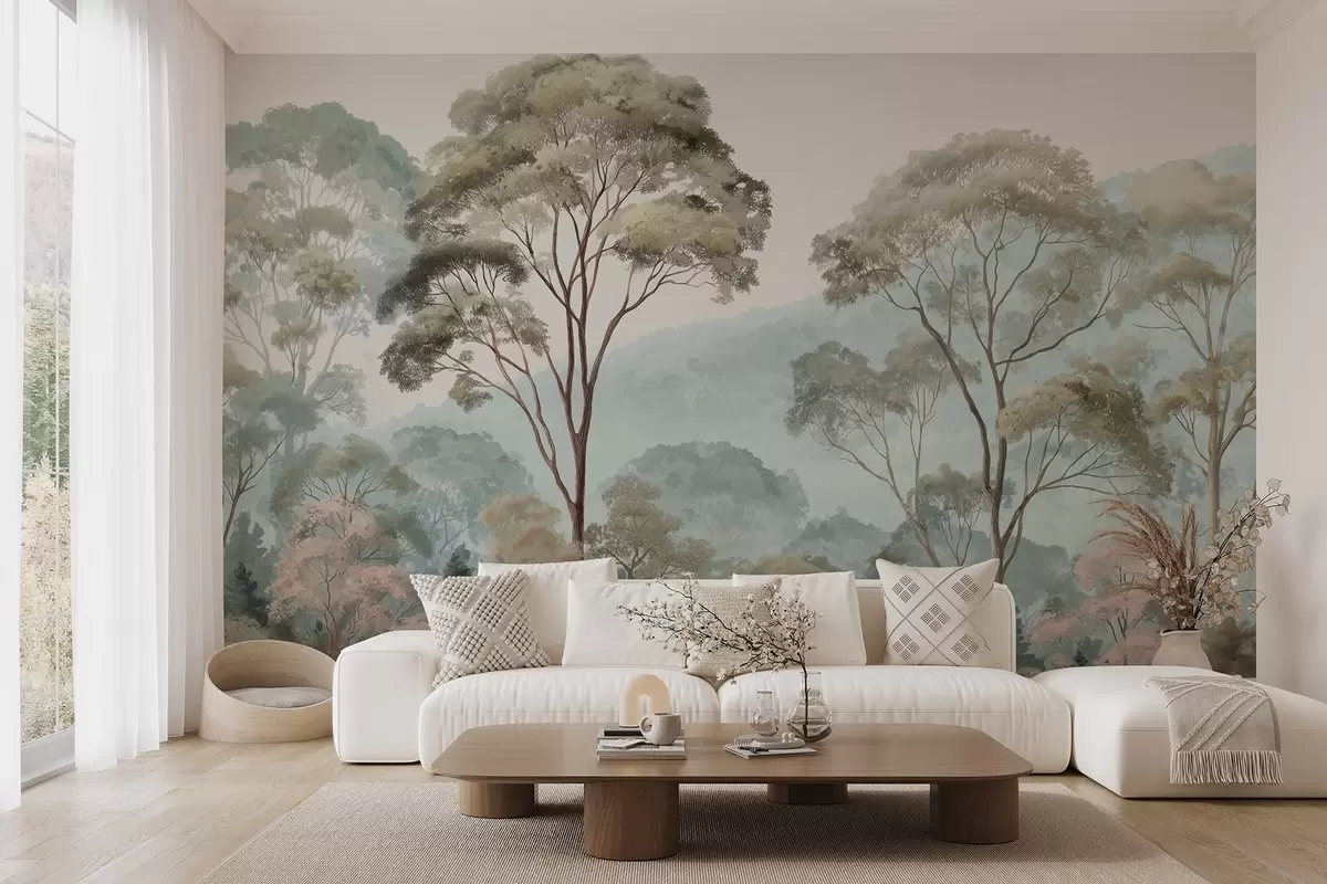 Fotobehang Mistige ochtend in het bos in aquarelstijl w09405