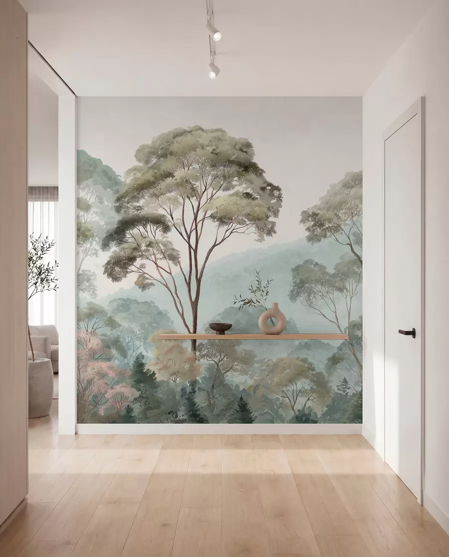Fotobehang Mistige ochtend in het bos in aquarelstijl w09405