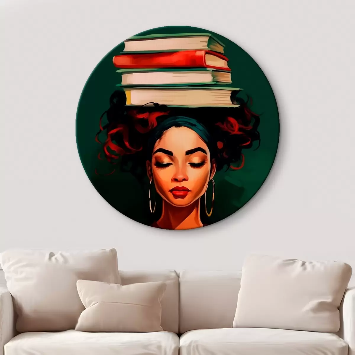 Ronde schilderijen Vrouw met boeken op haar hoofd r45952