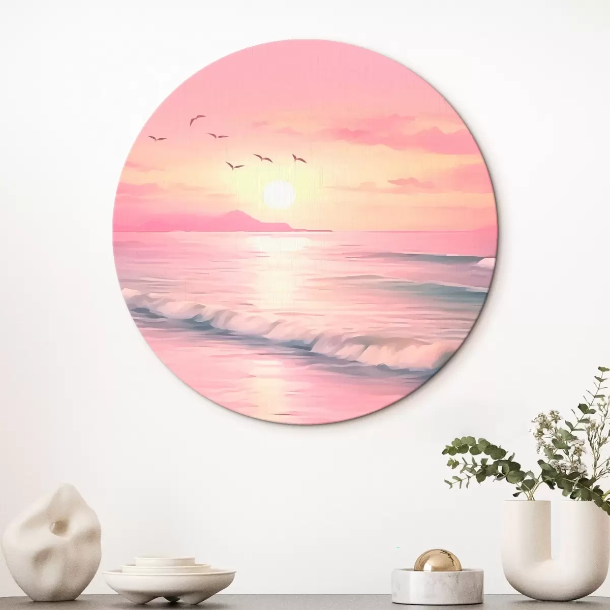 Ronde schilderijen Roze zonsondergang boven de zee r45955