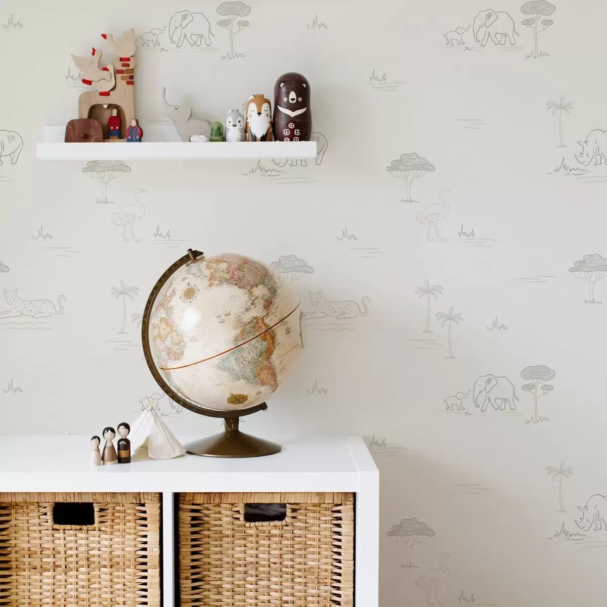 Behang Minimalistische safari: olifanten, neushoorns, luipaarden en palmbomen a00492