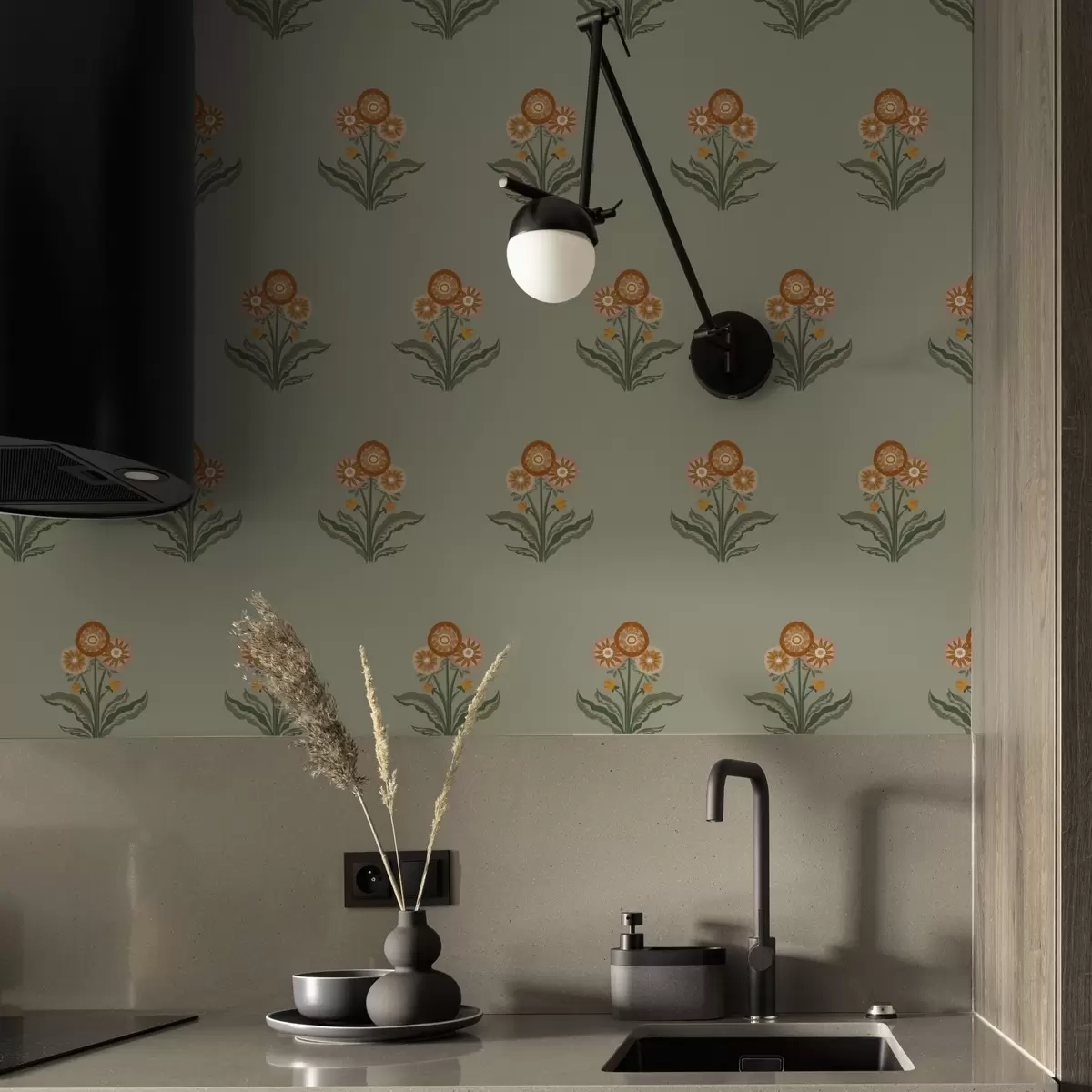 Behang Gestileerde bloemen op een olijfgroene achtergrond, warme tinten a00494v2