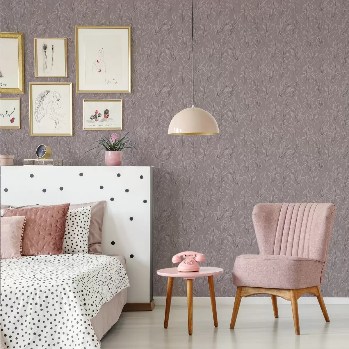 Behang Golvende bladeren in een stoffig roze-beige kleurenpalet a00495