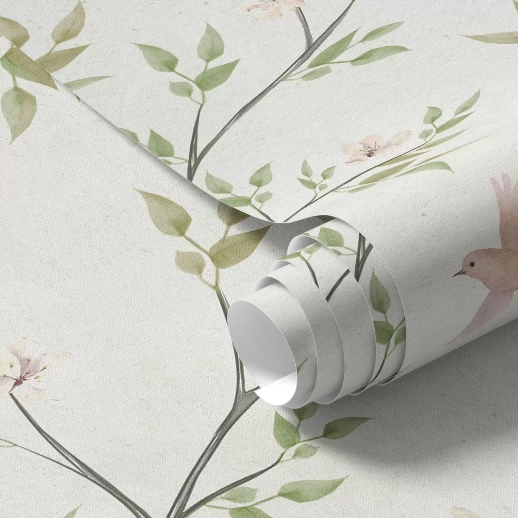 Fotobehang Aquarel takken met bladeren en vogels op een lichte achtergrond a00496