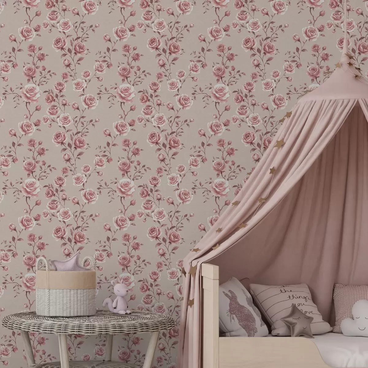 Behang Poederachtige rozen op beige — vintage patroon a00497
