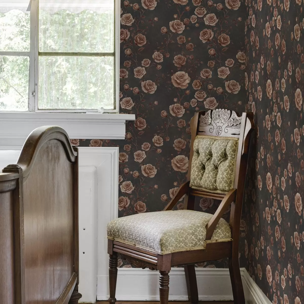 Behang Vintage rozen op een grafietkleurige achtergrond, terracotta kleurenpalet a00497v1