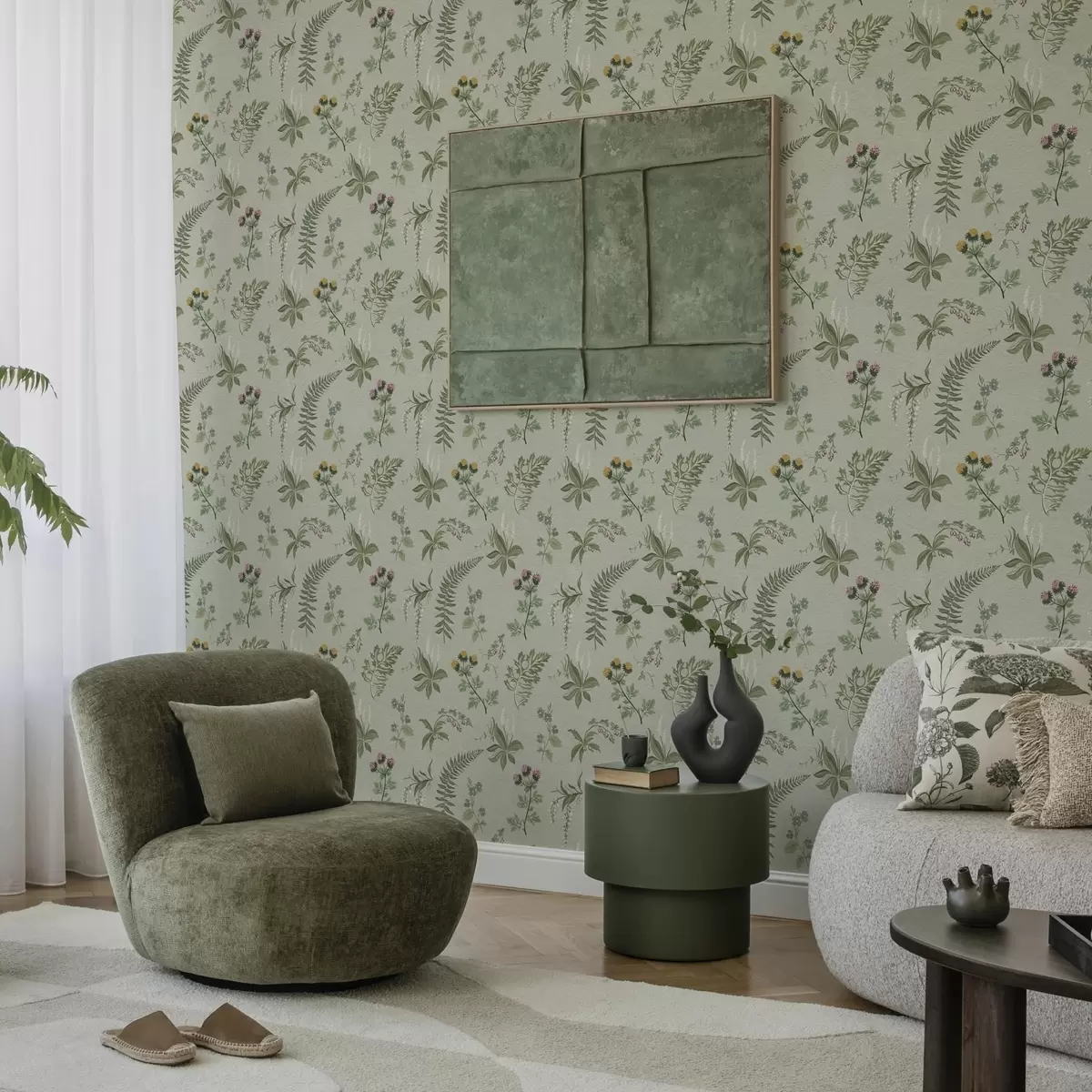 Behang Botanische grassen en varens op licht grijsgroen a00498