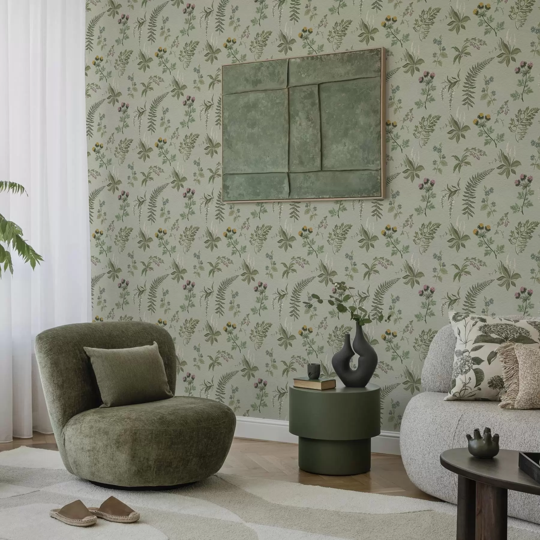 Fotobehang Botanische grassen en varens op licht grijsgroen a00498