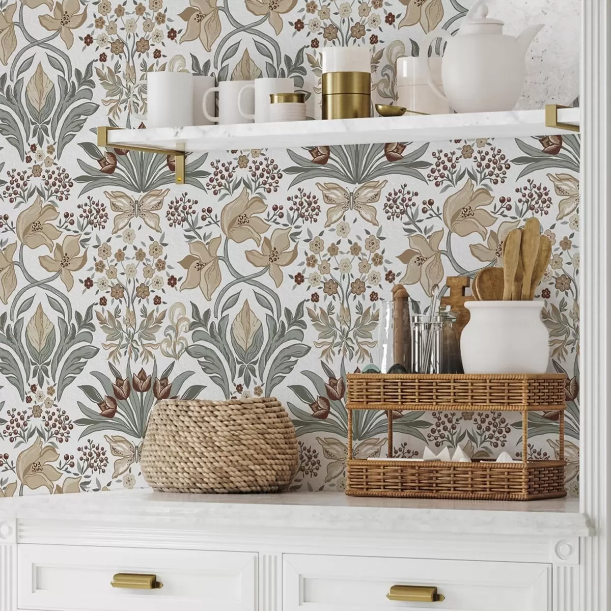 Behang Decoratieve lelies en een vlinder op een witte achtergrond a00500v1