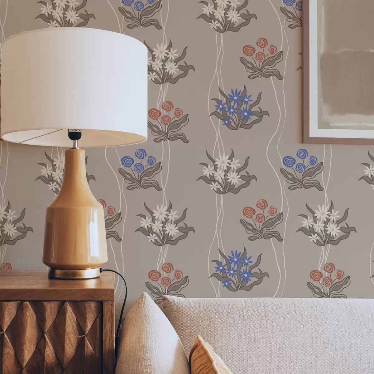 Behang Retro bloemen met golvende lijnen op warm beige a00503