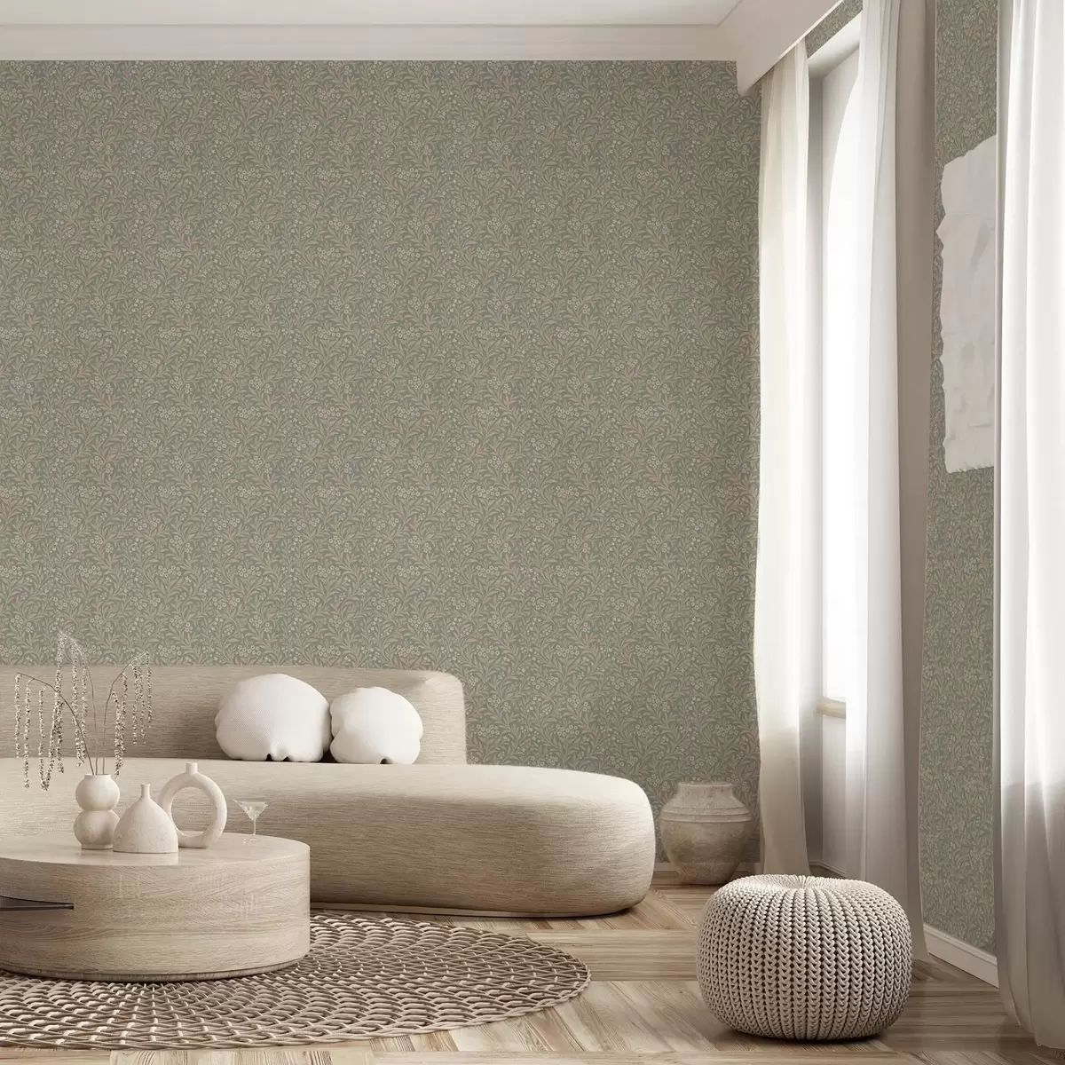 Behang Morris-stijl: beige takken op een grijsgroene achtergrond a00569
