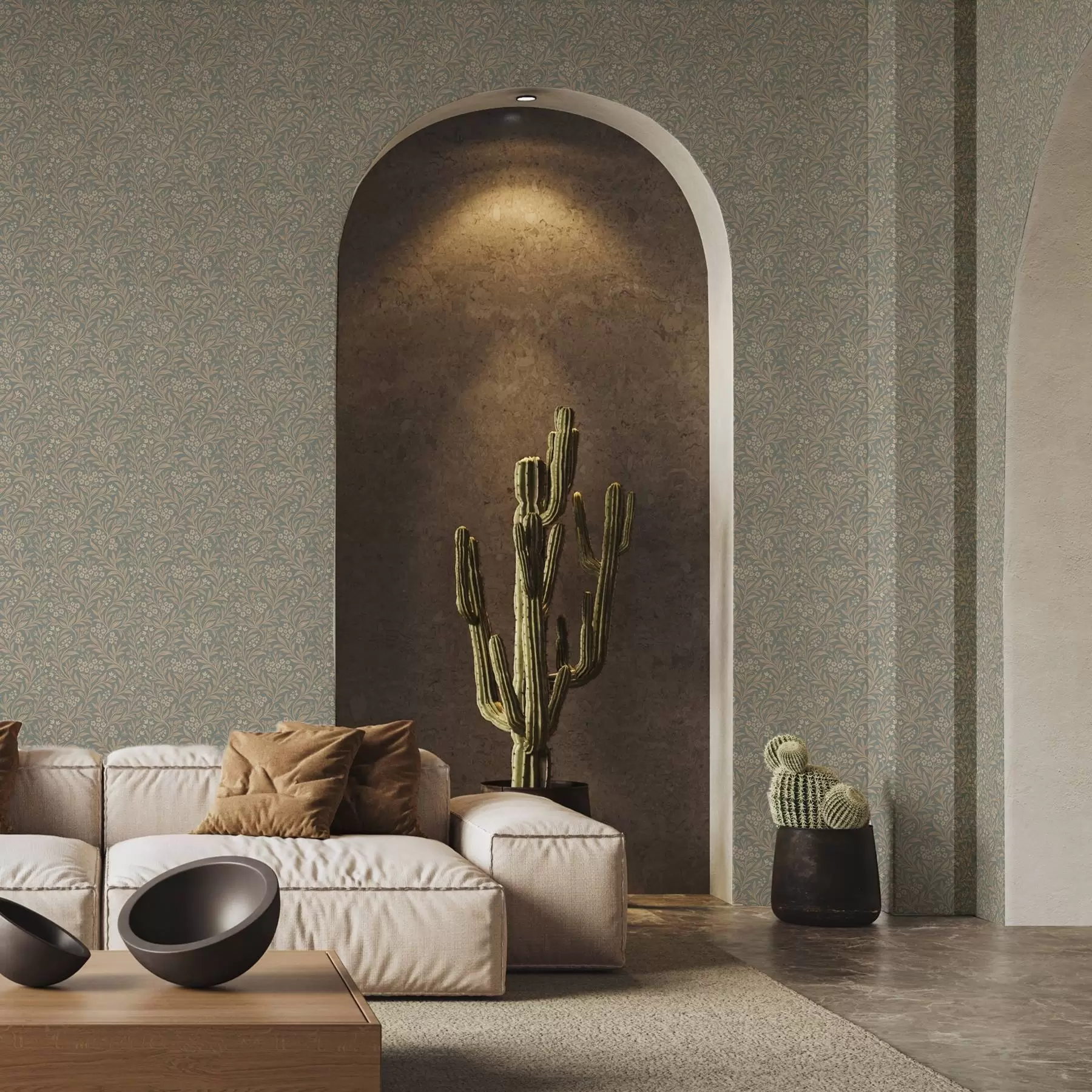 Fotobehang Morris-stijl: beige takken op een grijsgroene achtergrond a00569