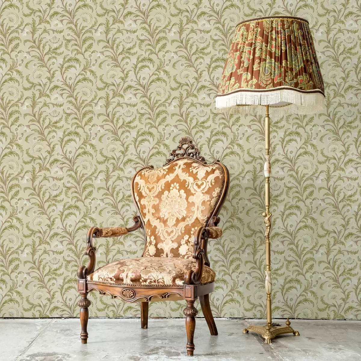 Behang Vintage ornament met krullen en bloemen, beige en olijfgroen a00574