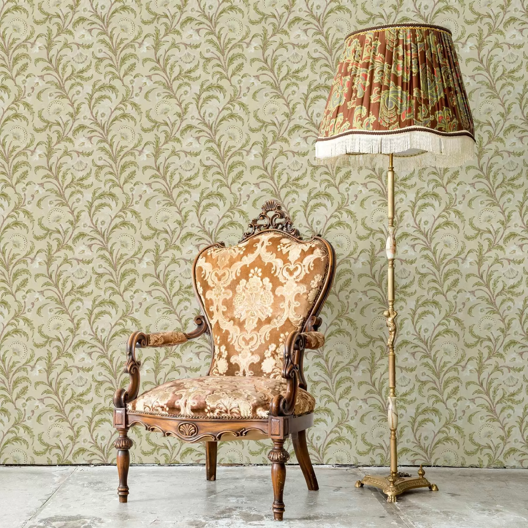 Fotobehang Vintage ornament met krullen en bloemen, beige en olijfgroen a00574
