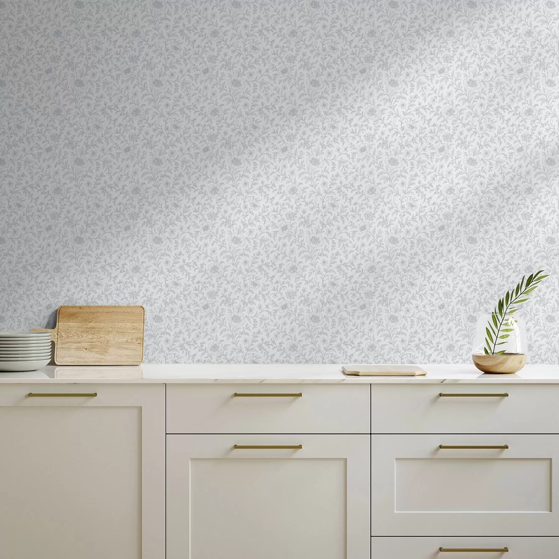 Fotobehang Fijne blauwe lijntekeningen van bloemen op een gebroken witte achtergrond a00576