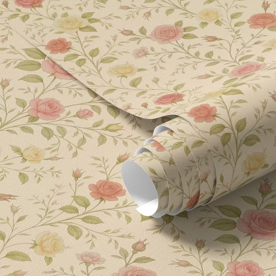 Fotobehang Vintage rozen in perzik en geel op een crèmekleurige achtergrond a00577