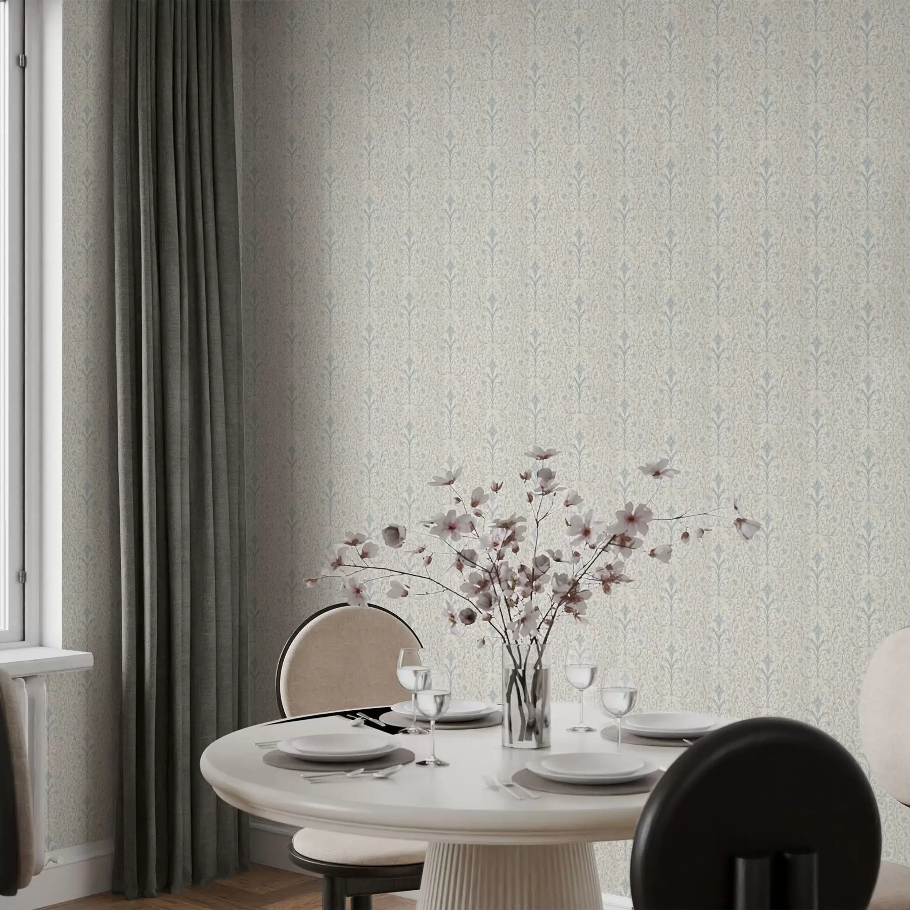 Fotobehang Blauw damast met krullen op een crèmekleurige achtergrond a00578