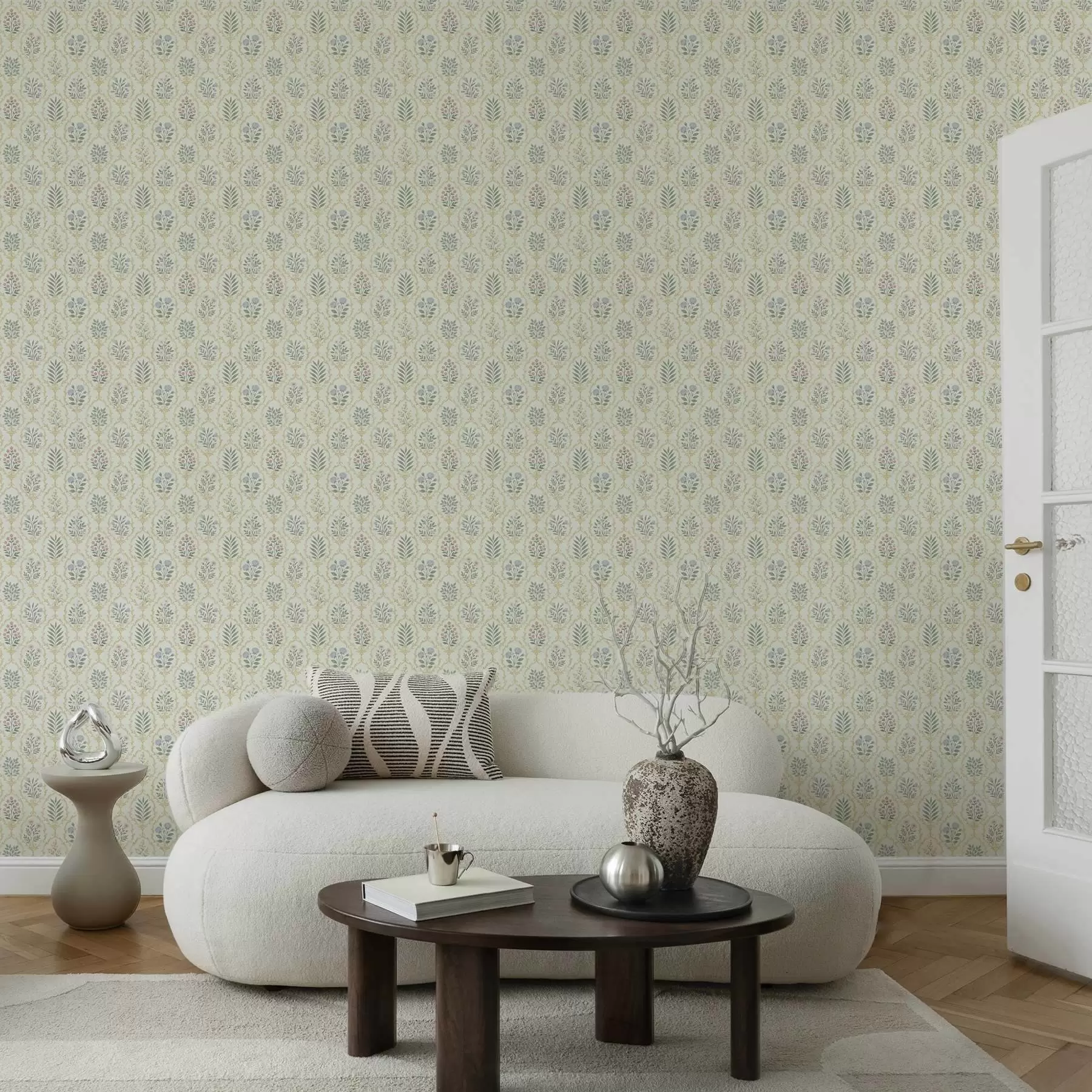 Fotobehang Botanische medaillons in een raster, pasteltinten a00579