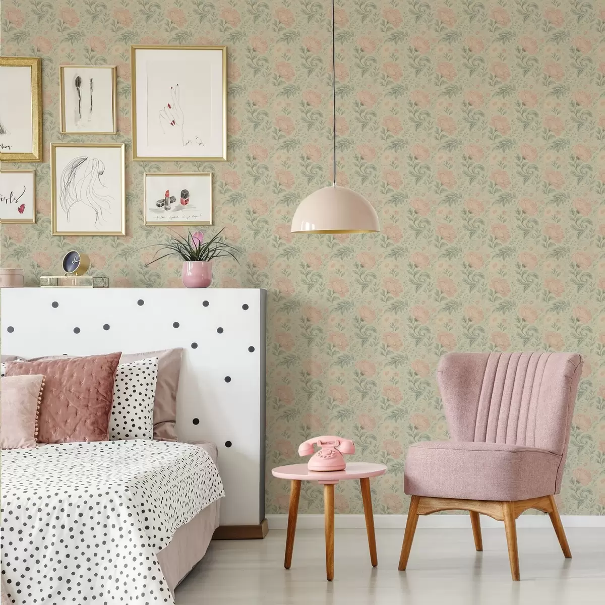 Behang Vintage grote perzikbloemen met salieblaadjes a00580