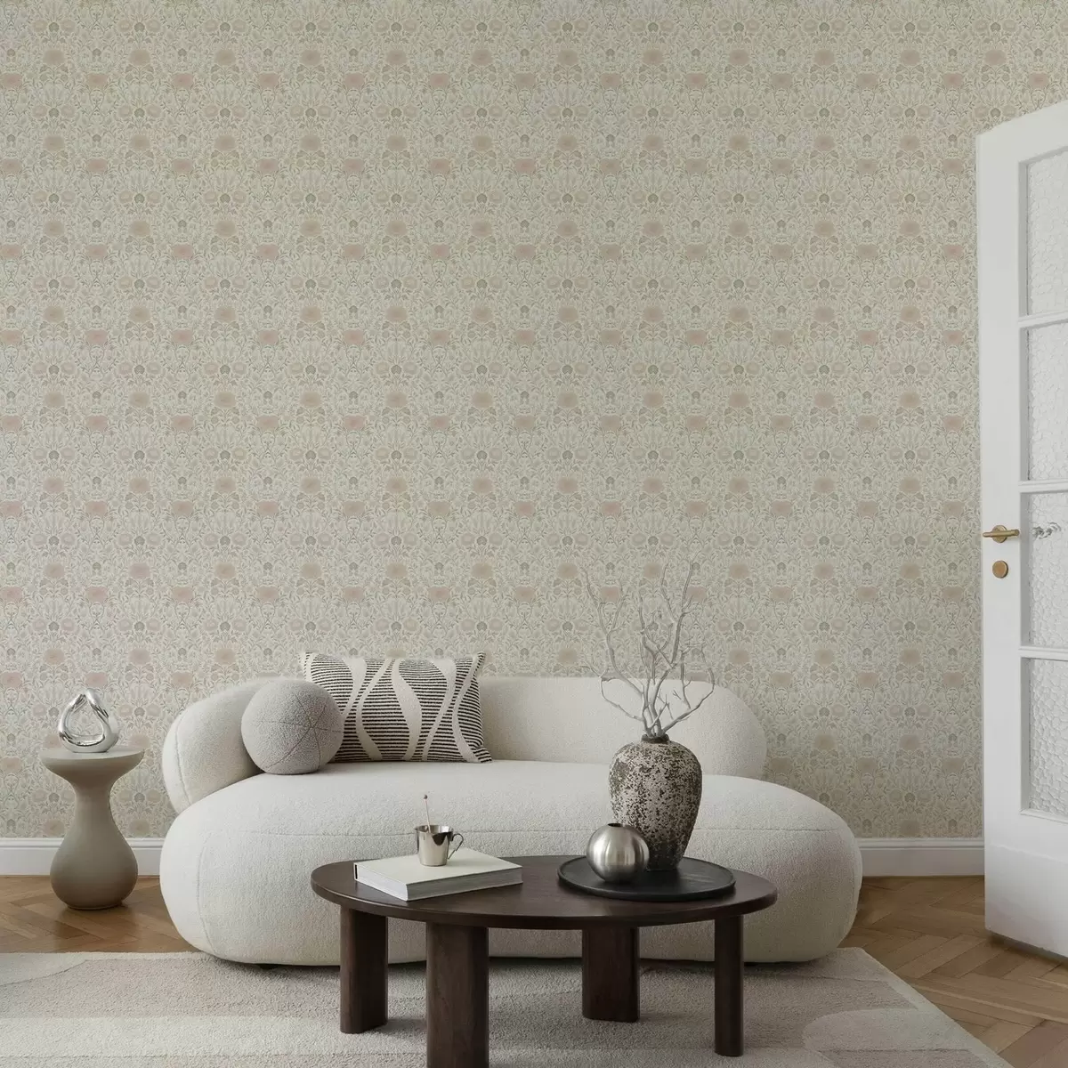 Behang Morris-stijl: pioenrozen en grassen in zachte beige-groene tinten a00581