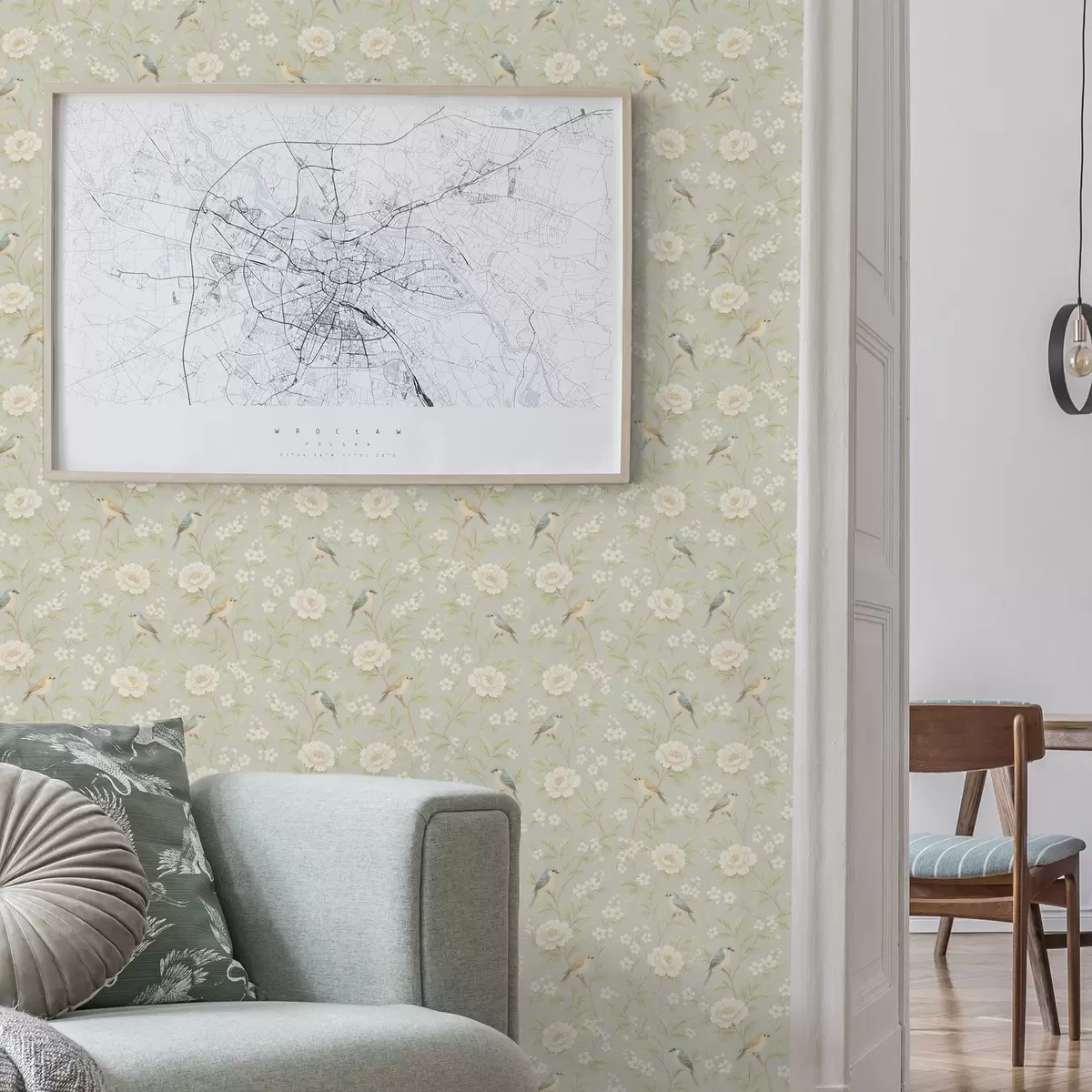Behang Vogels tussen witte bloesems op een grijsgroene achtergrond a00583
