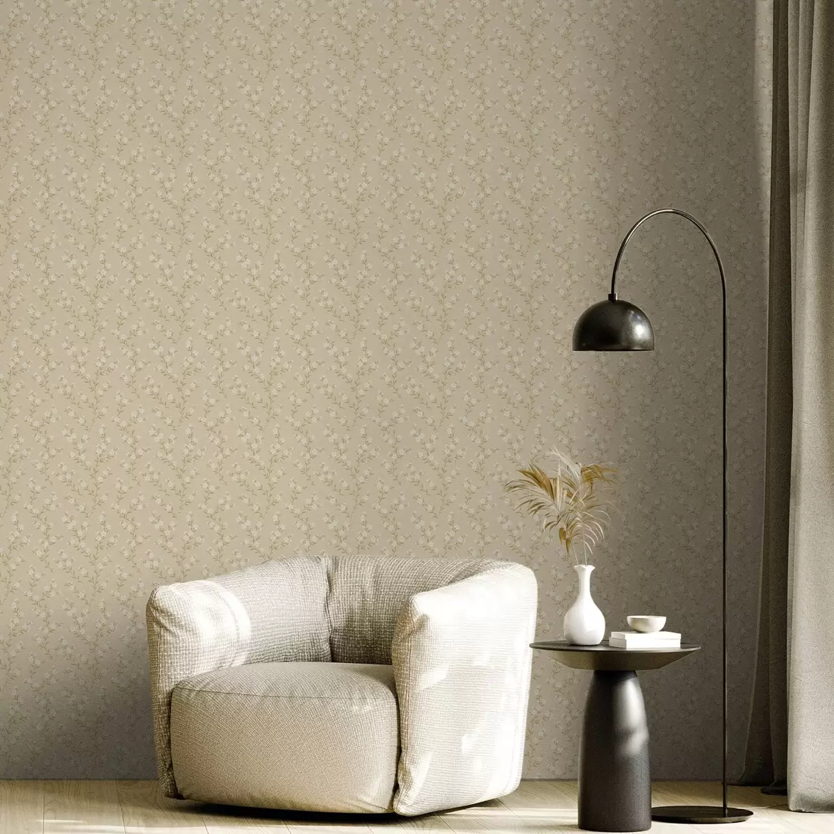 Behang Kleine witte takjes op een beige linnen achtergrond a00584
