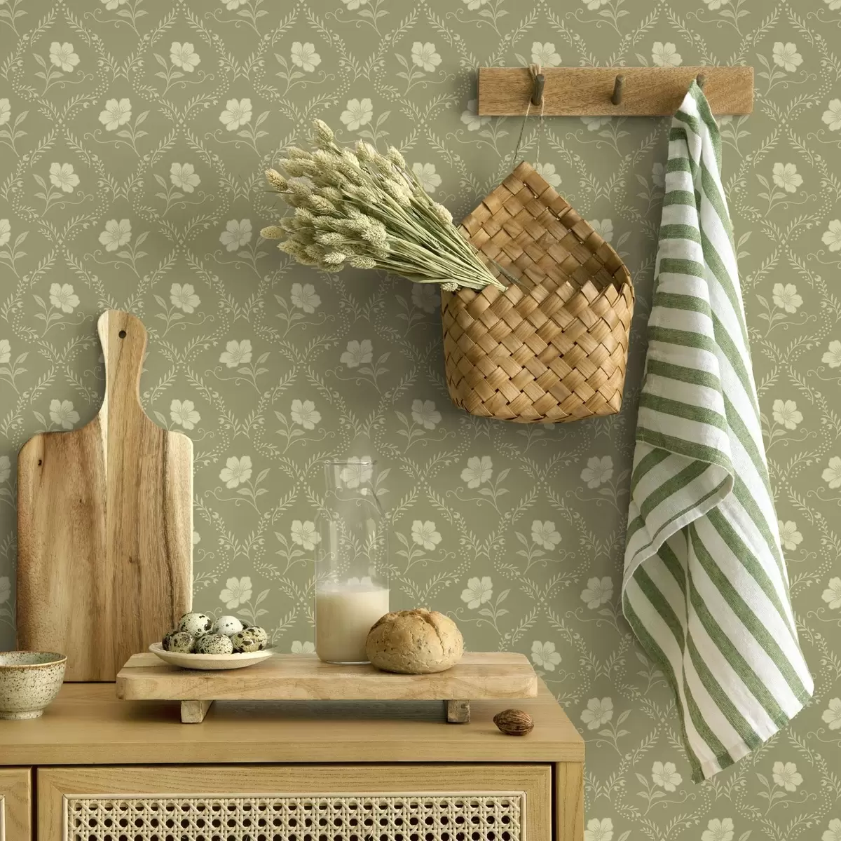 Behang Olijfboom met crèmekleurige bloemen, retro ornament a00585