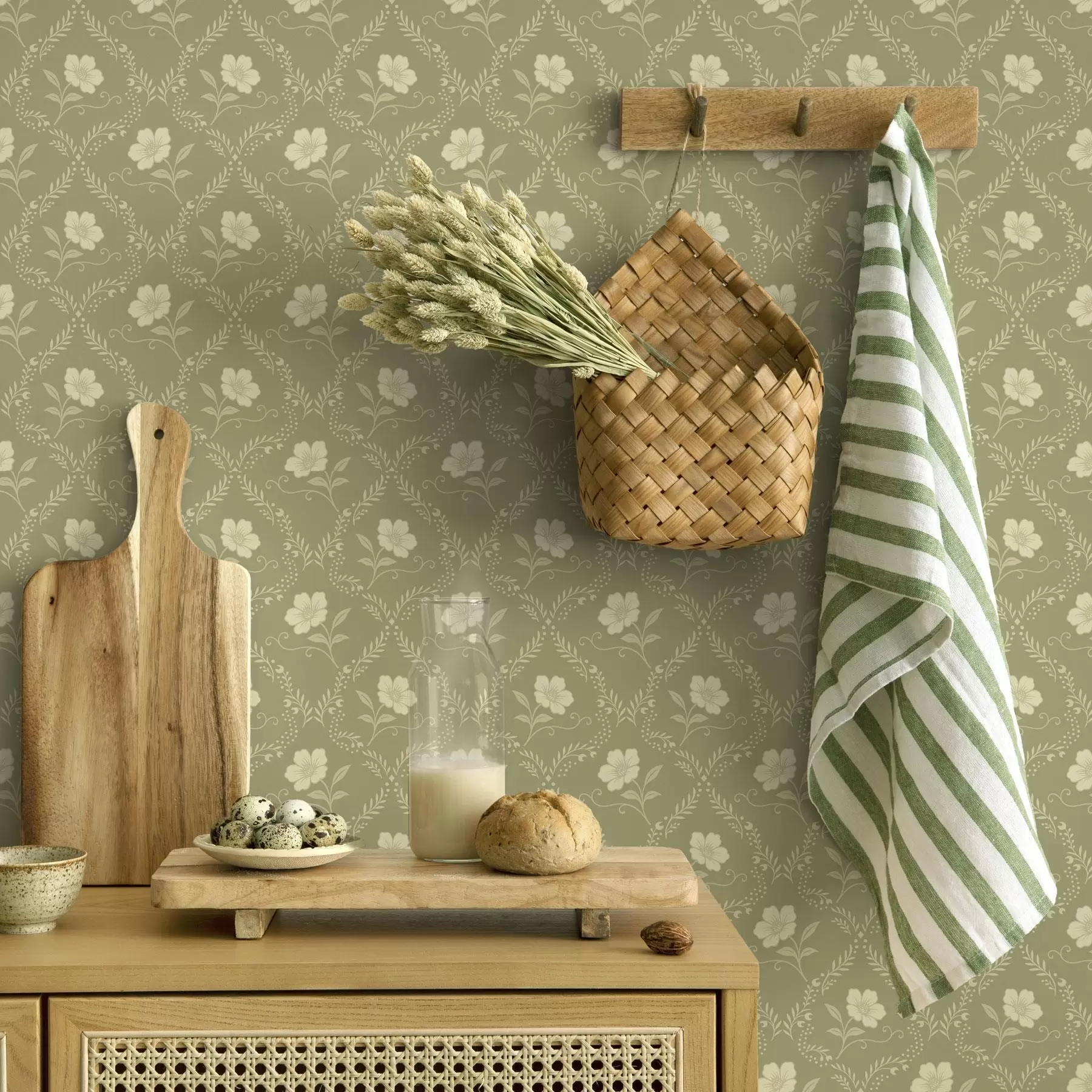 Fotobehang Olijfboom met crèmekleurige bloemen, retro ornament a00585