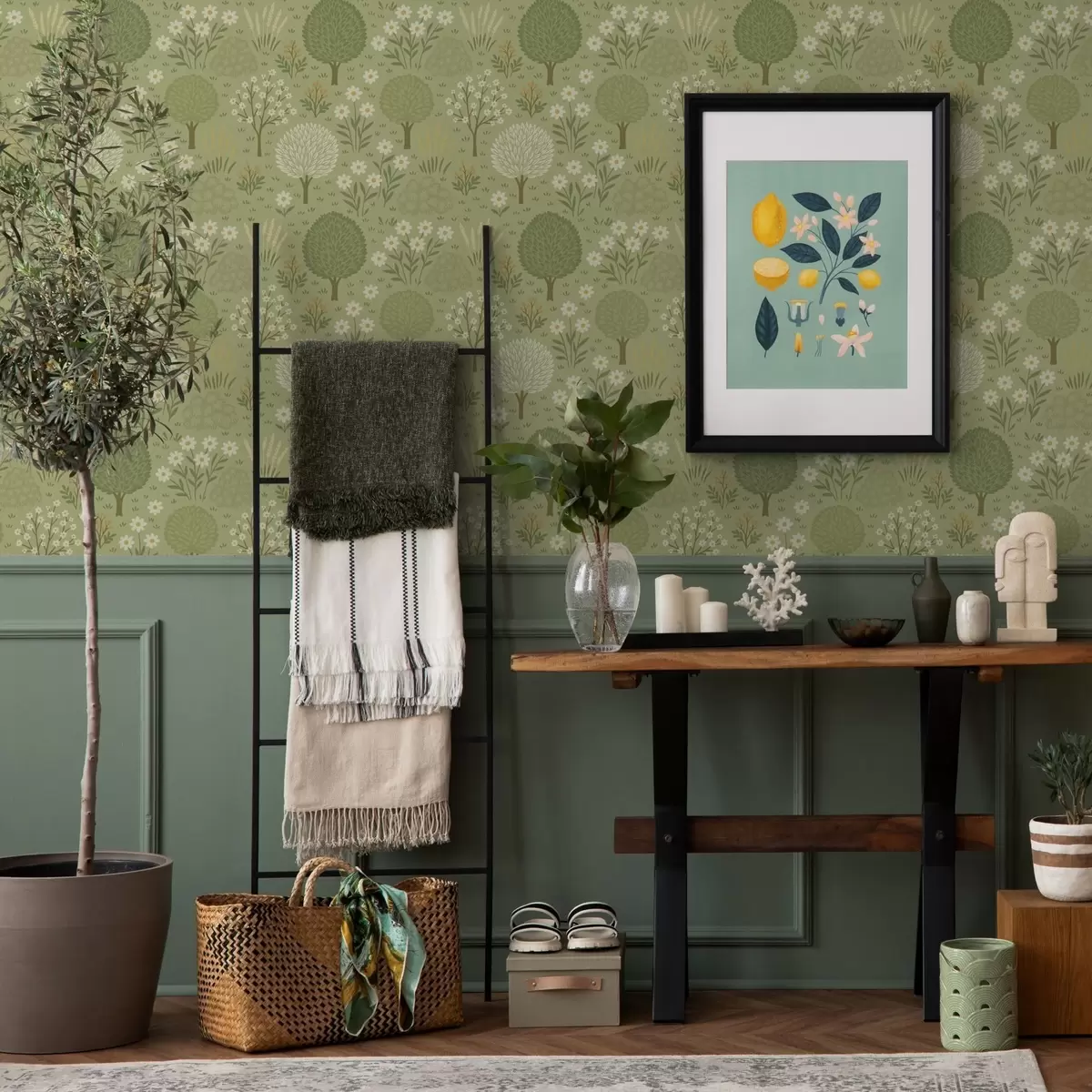 Behang Groene tuin voor kinderen: bomen, bloemen en tarwe a00586 Behang Groene tuin voor kinderen: bomen, bloemen en tarwe a00586