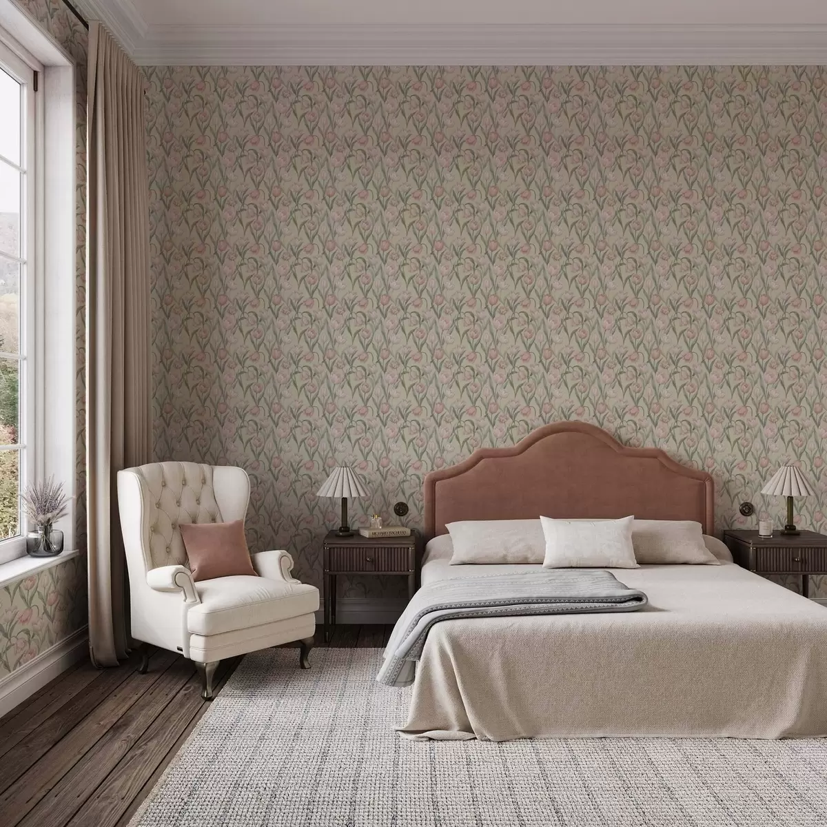 Behang Zachtroze tulpen op een zachte beige achtergrond a00589