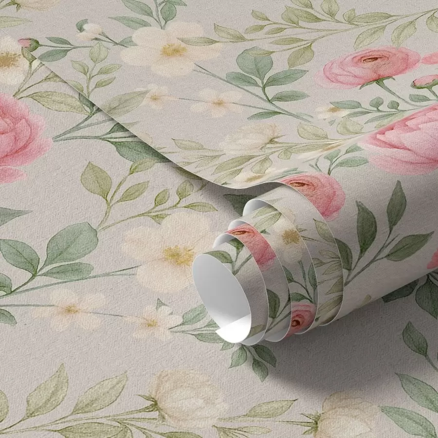 Fotobehang Aquarel pioenrozen en witte bloemen op grijsbeige a00592