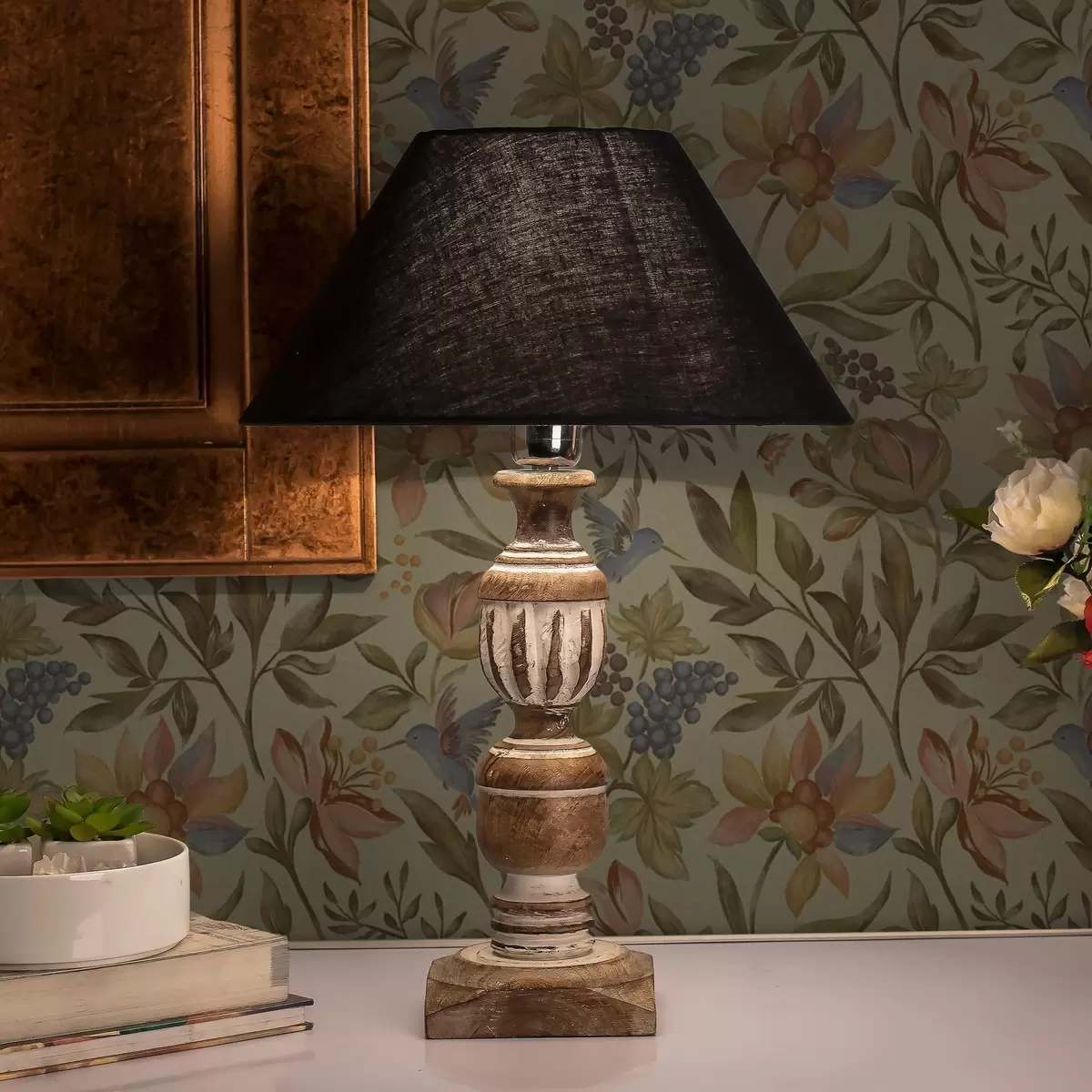 Behang Vintage bloemen en vogels met druiven op een olijfgroene achtergrond a00594
