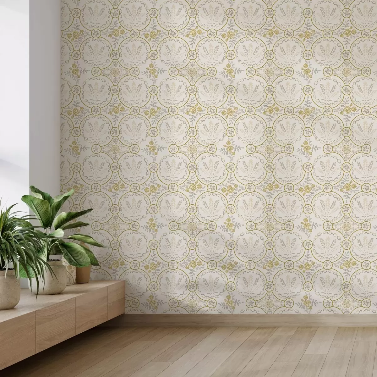 Behang Retro ornament met tarwe en rozen in goud a00595
