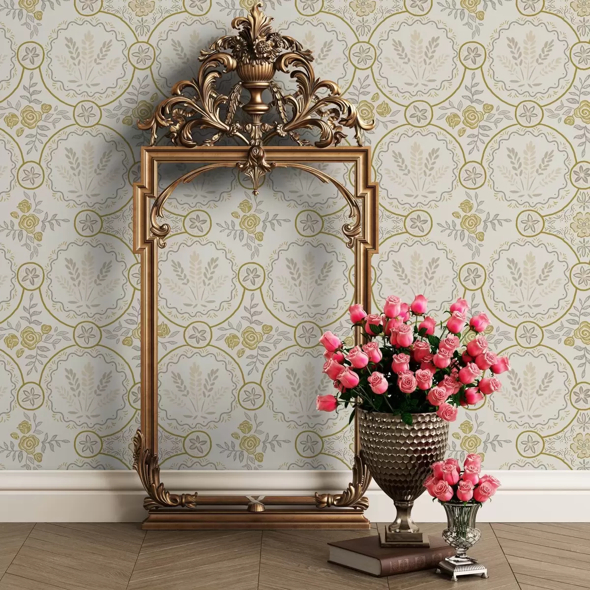 Behang Retro ornament met tarwe en rozen in goud a00595