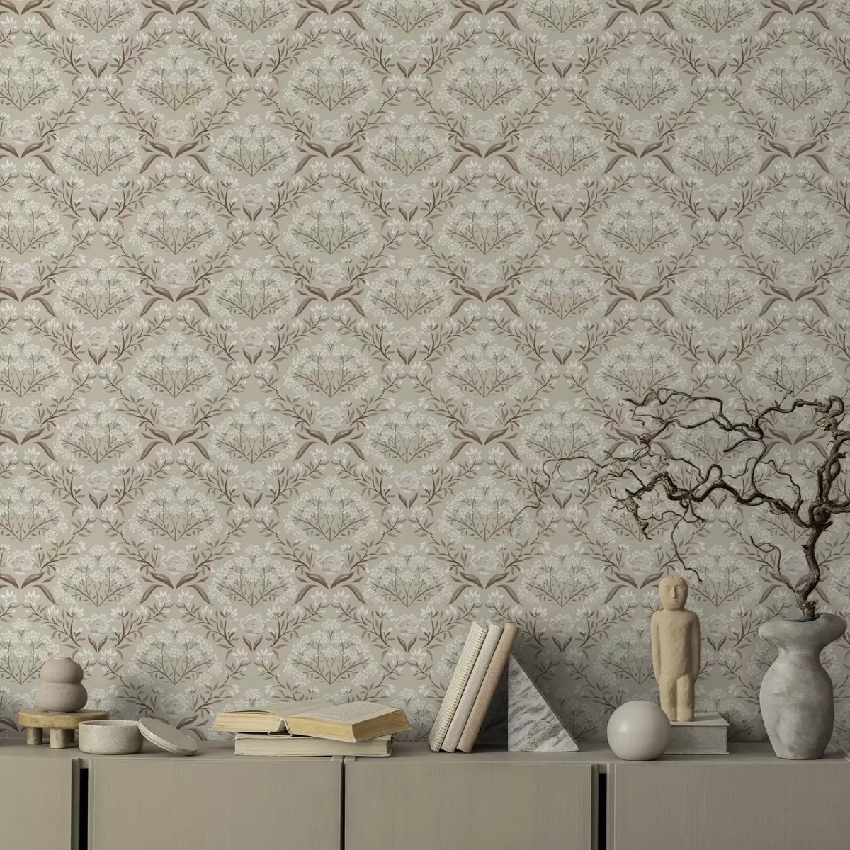 Behang Beige damast: pioenrozen, sneeuwklokjes en kanten trossen a00603v1
