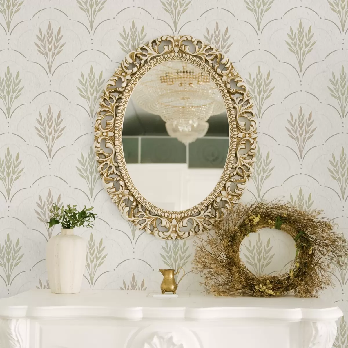 Behang Tarwe in een gebogen ornament, zachte pasteltinten op wit a00607v1