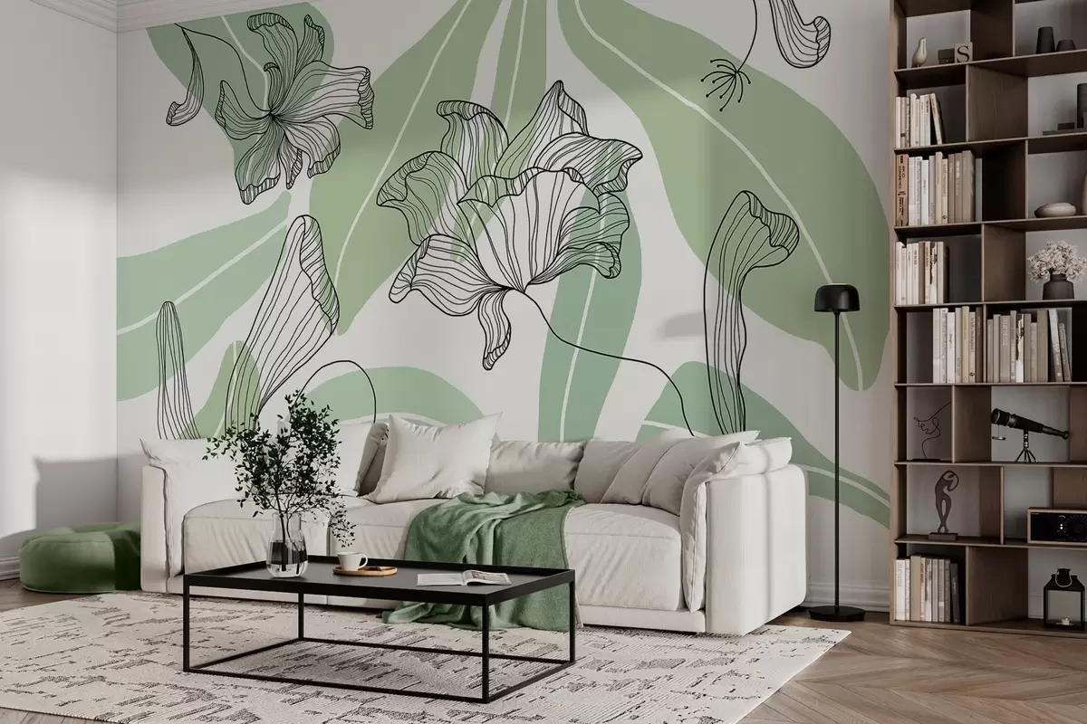 Fotobehang abstracte bladeren en bloemen in groene tinten w04499v1