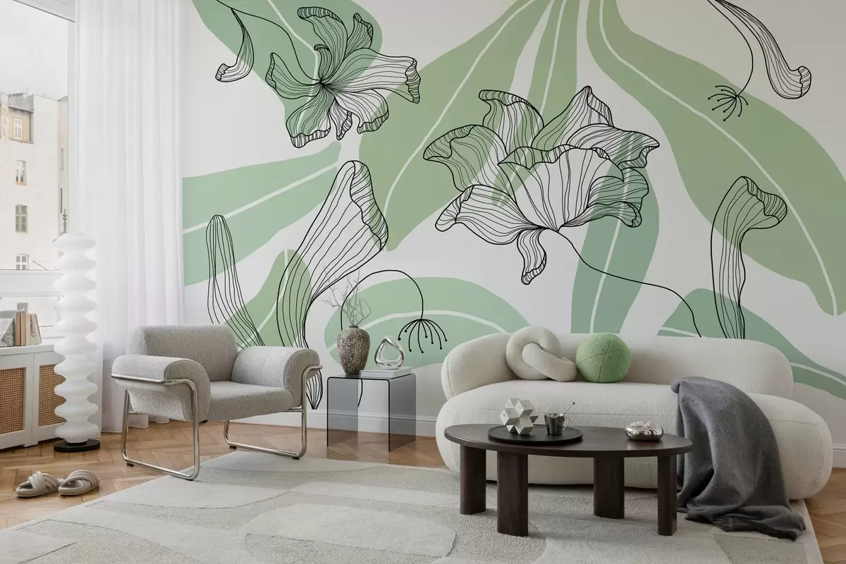 Fotobehang abstracte bladeren en bloemen in groene tinten w04499v1