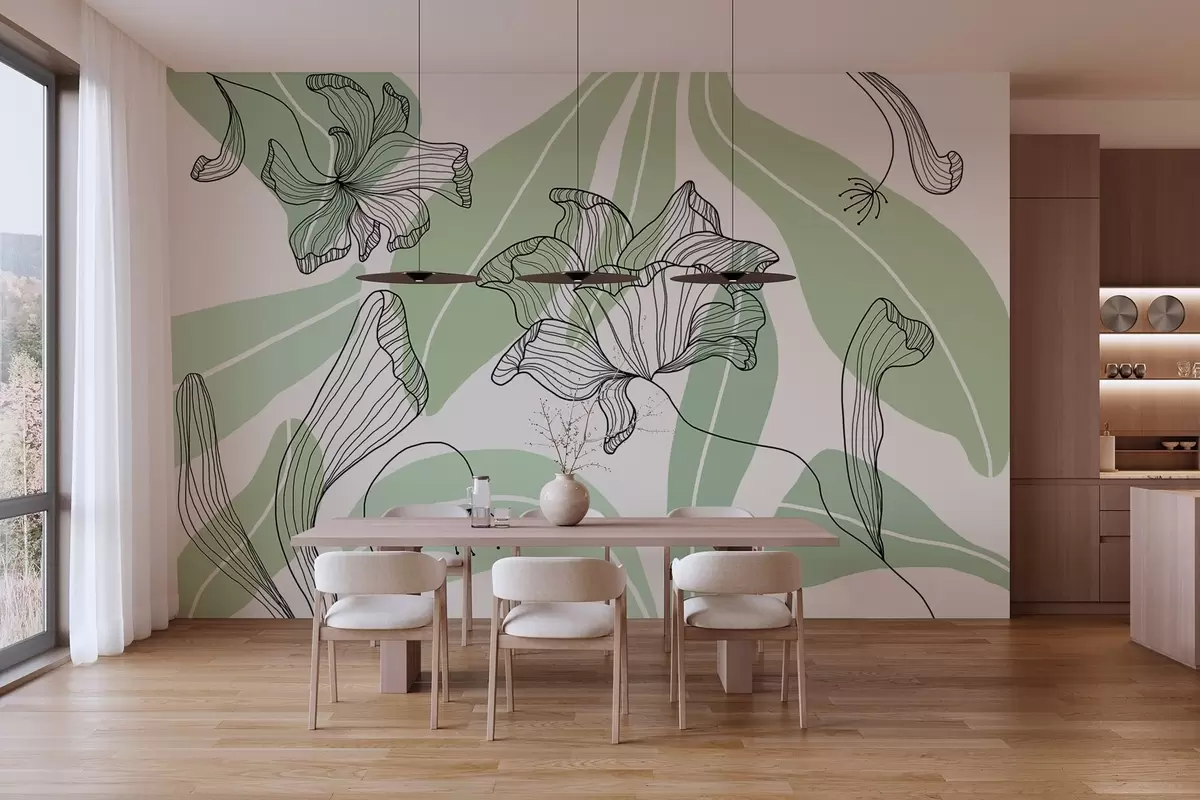 Fotobehang abstracte bladeren en bloemen in groene tinten w04499v1