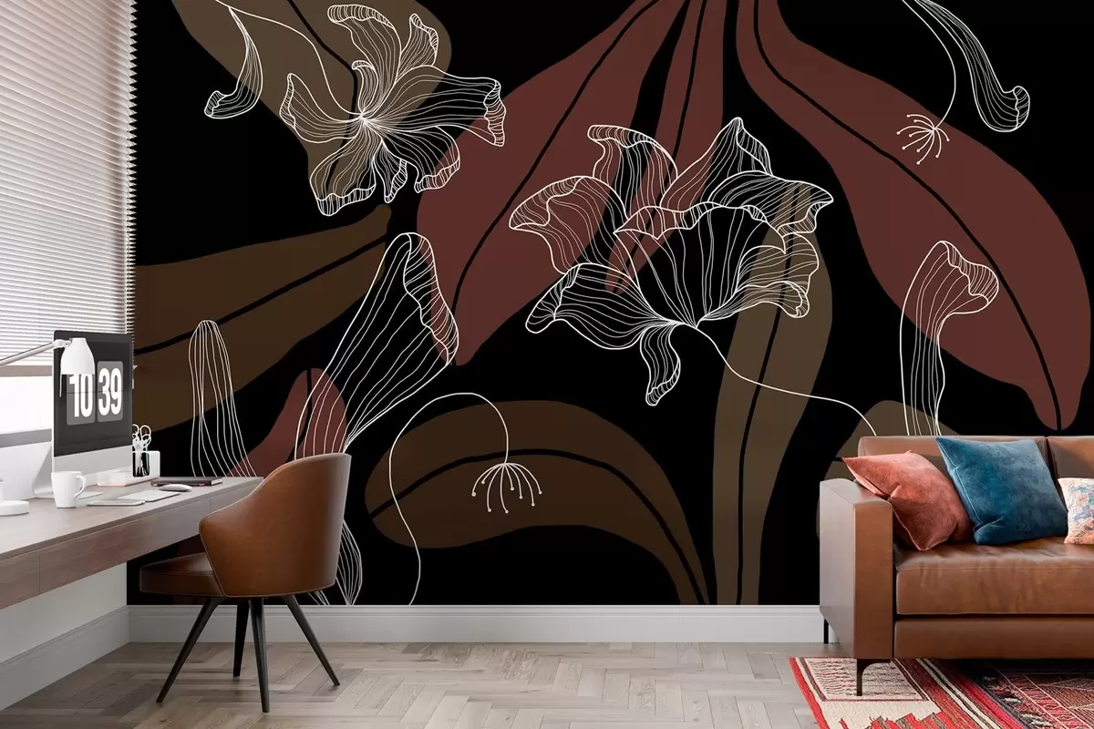 Fotobehang abstracte bladeren en bloemen in poederachtige en beige tinten op een donkere achtergrond w04499v3