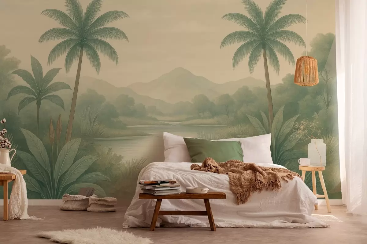Fotobehang tropisch landschap met palmbomen en een rivier w04623