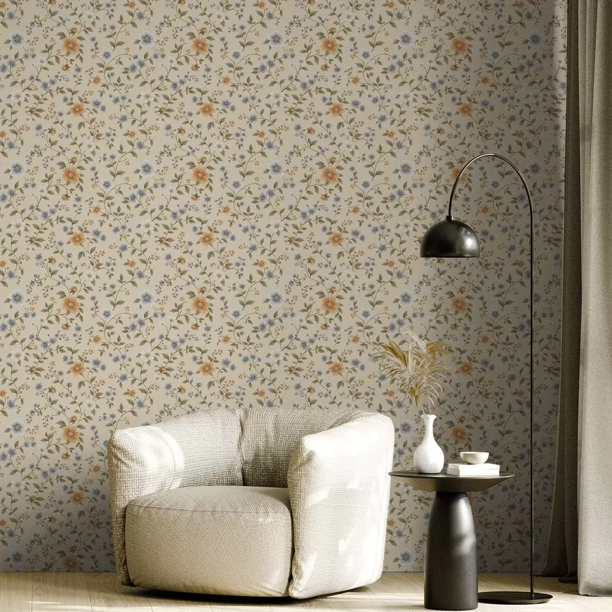 Behang Bloemtakken met blauwe en perzikkleurige bloemen a00575
